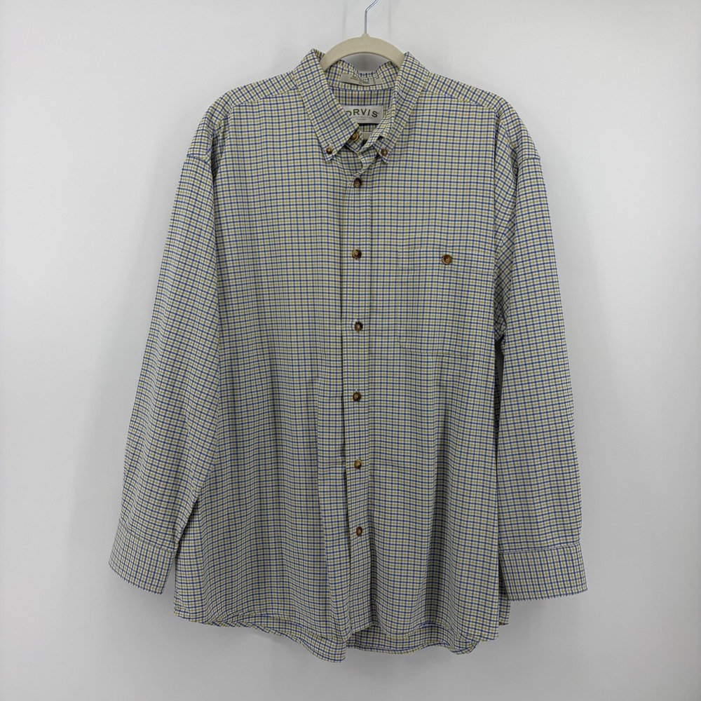Orvis Mens XL Blue Green Plaid Button Down‎ Shirt Long Sleeve Cotton Check